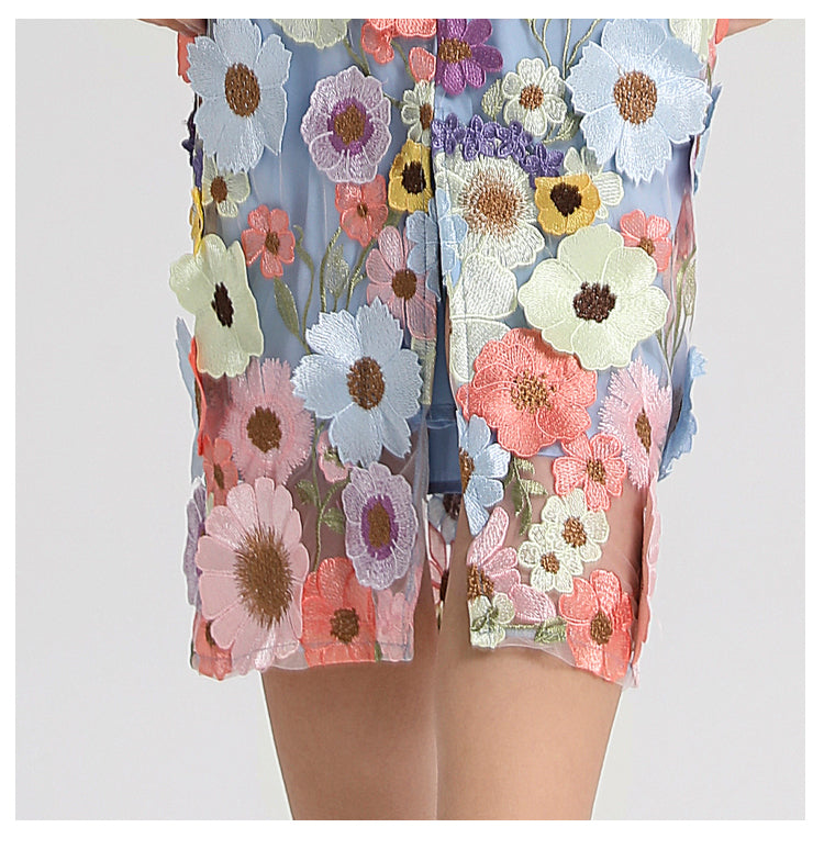 Art embroidery boutique color hand-ordered vintage V-neck slit wrap hip dress