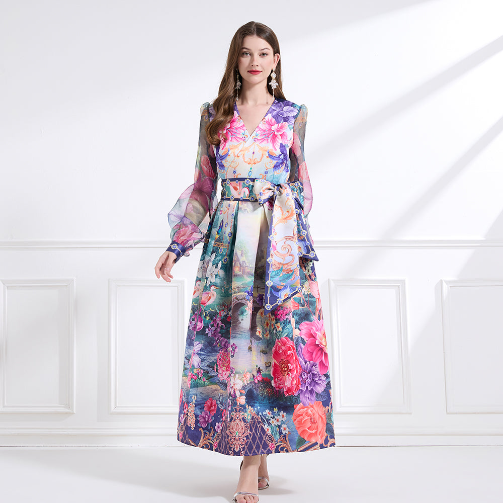 Original design - spring/summer resort-style lace-up wrap skirt, balloon sleeves, cross collar print, wide hem ruffle skirt