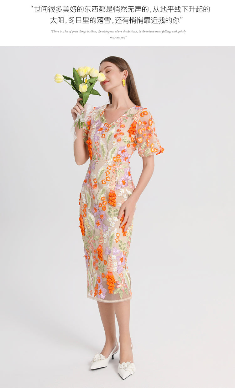 Artwork boutique handmade three-dimensional wheat ear embroidered French temperament dress