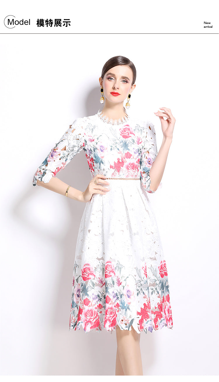 Original design mid long sleeved fashionable slimming hollow out water-soluble lace positioning mid length dress
