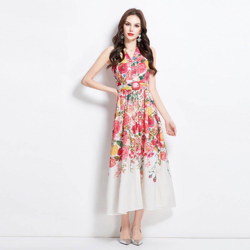 Original design for spring and summer vacation, new floral oil painting style shirt style long dress