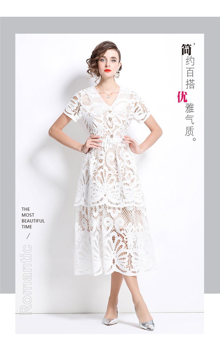 Original Design: Spring/Summer French Luxury Water soluble Embroidered Medium length Skirt with V-neck and Waist cinching to Look Thin Dress