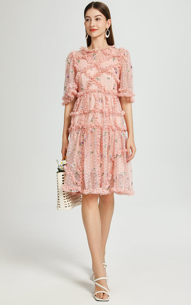 Original Design Heavy Industry French Romantic Boutique Customized Mesh Small Floral Embroidery Short Retro Cake Skirt