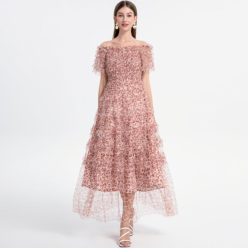 Beautiful French leopard print puff sleeve one-shoulder mesh temperament dress