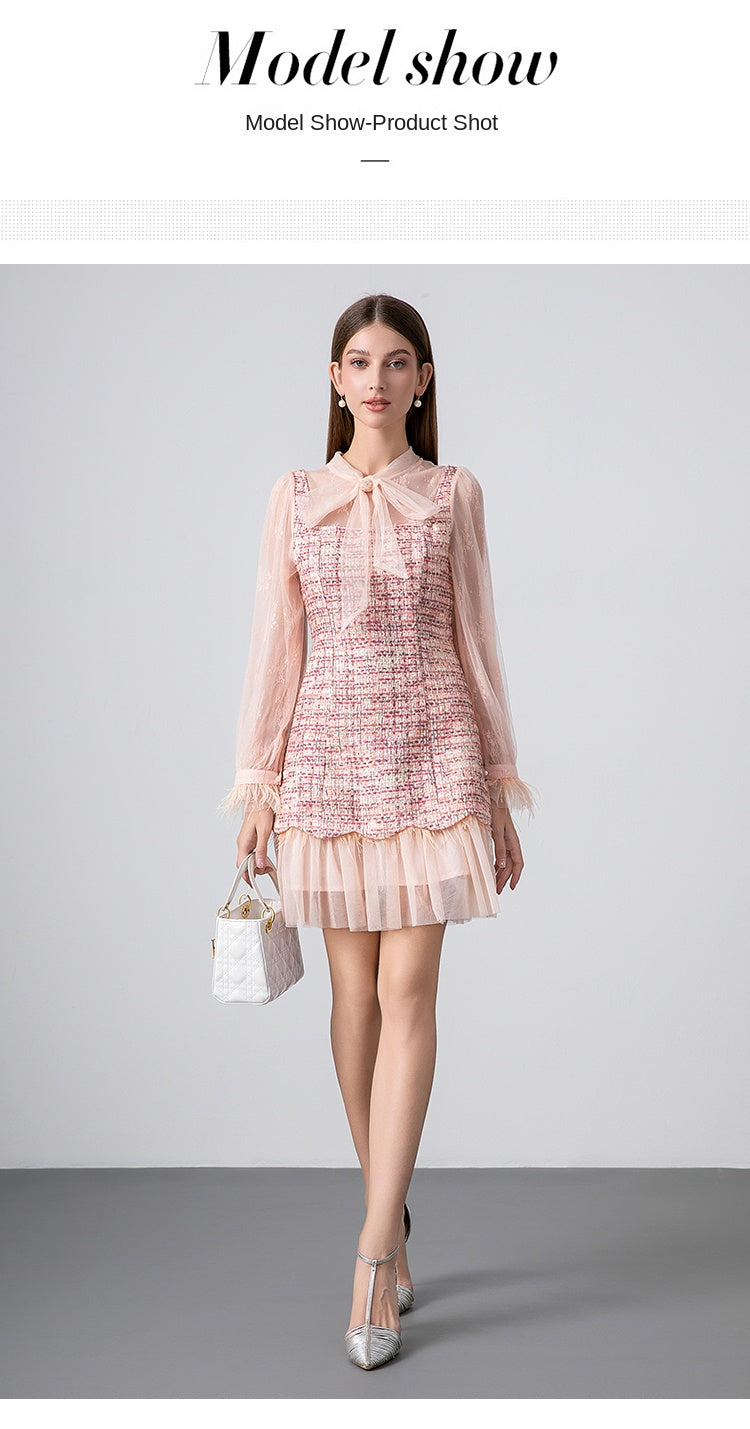 Original design: spring, summer, autumn, art lace stitching, colored tweed, small fragrance, big bow, ostrich feather dress