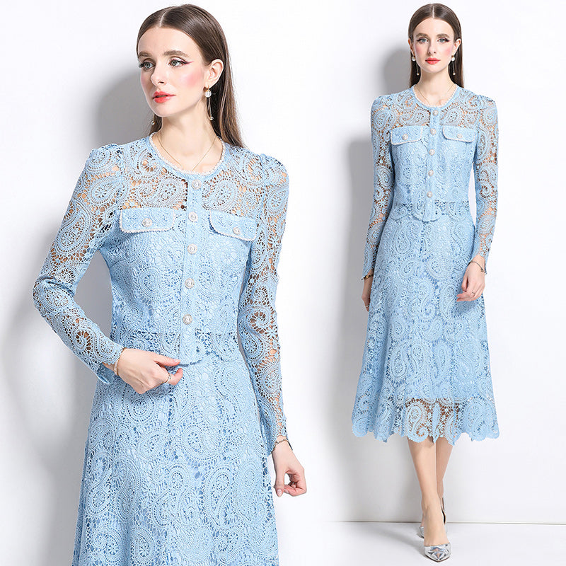 Original design for spring and summer small fragrance style set light luxury and high-end water-soluble lace skirt two-piece set