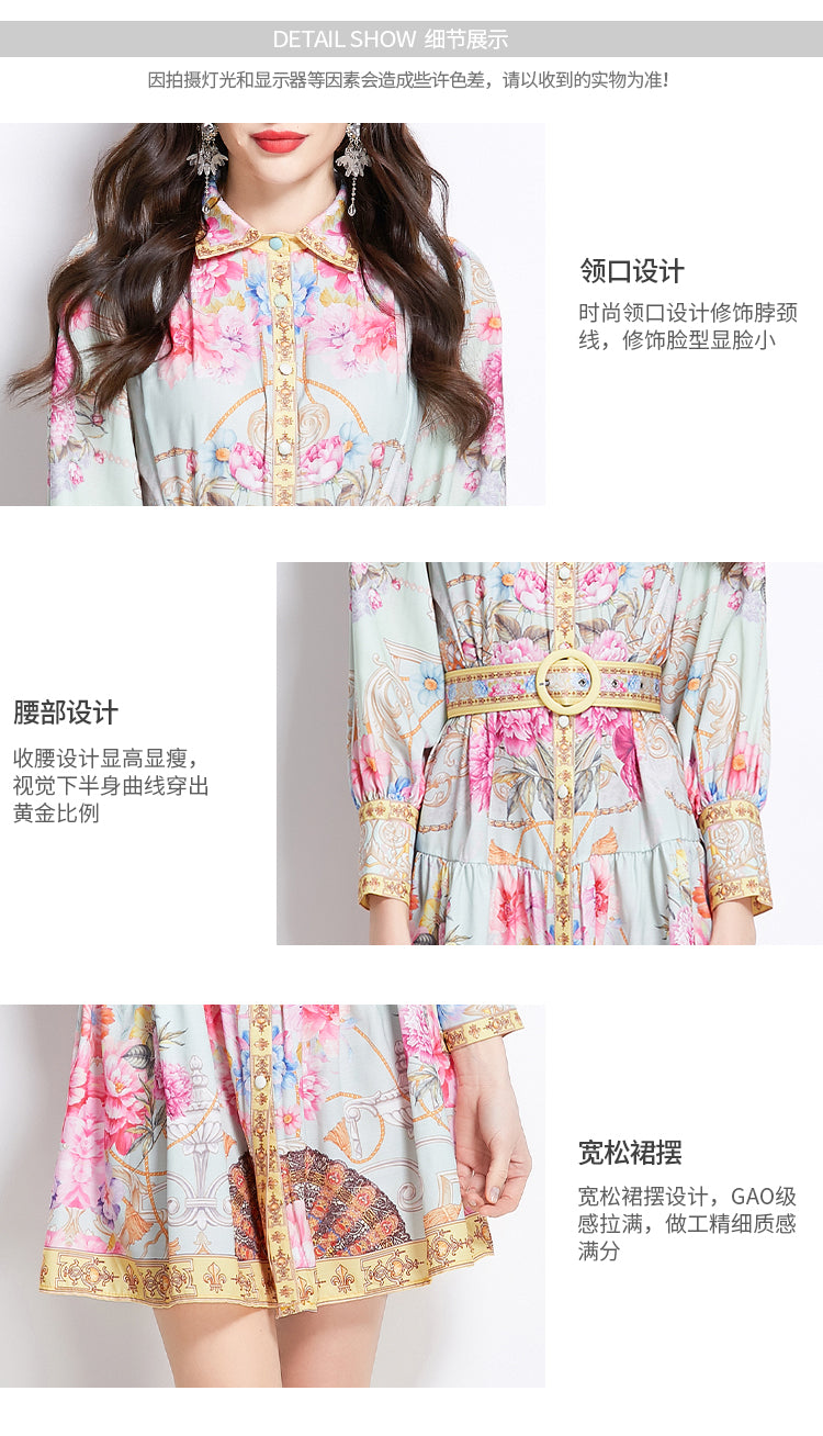 Original Design Spring Summer Autumn Vacation Painted Oil Painting Style Short Collar Dress