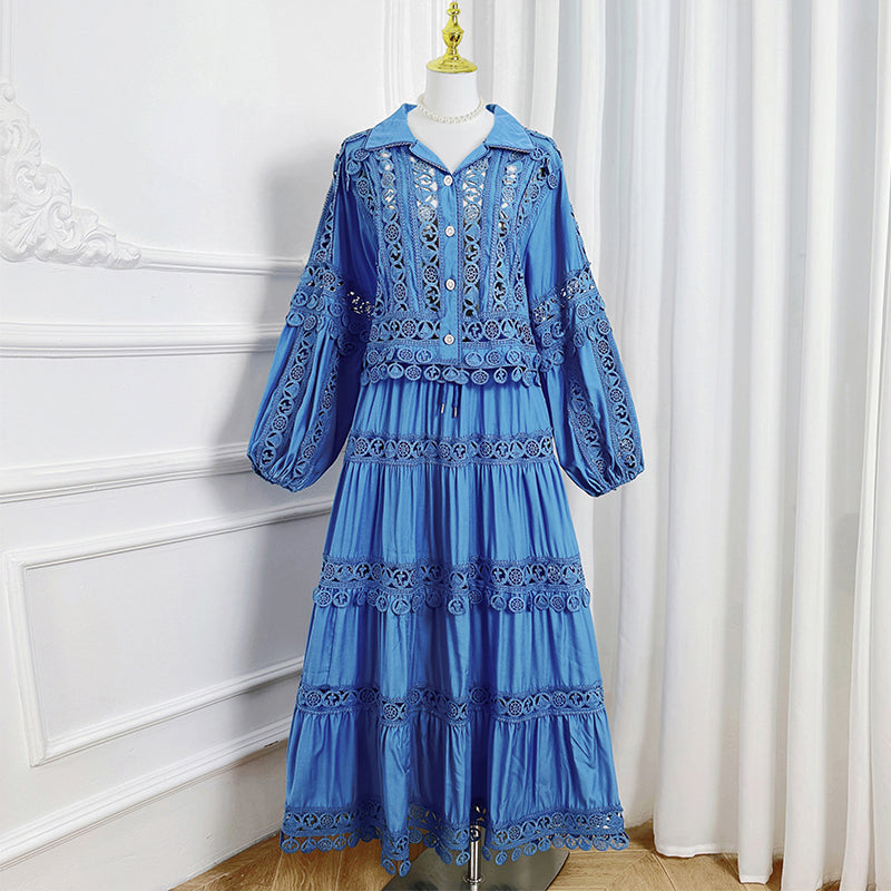 Meizhonggong boutique cut-out lapel lace stitched pendant lace maxi skirt set