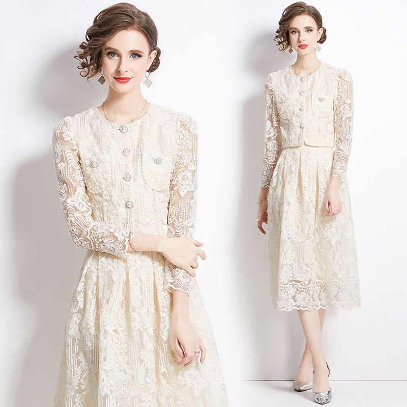Original design for spring and summer long sleeved small fragrance style set light luxury temperament water-soluble lace skirt two-piece set