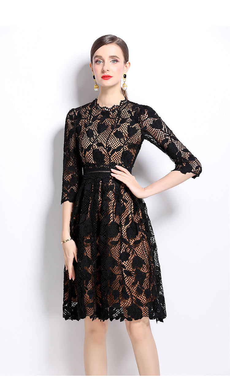 Original design mid long sleeved fashionable slimming hollow out water-soluble lace positioning mid length dress