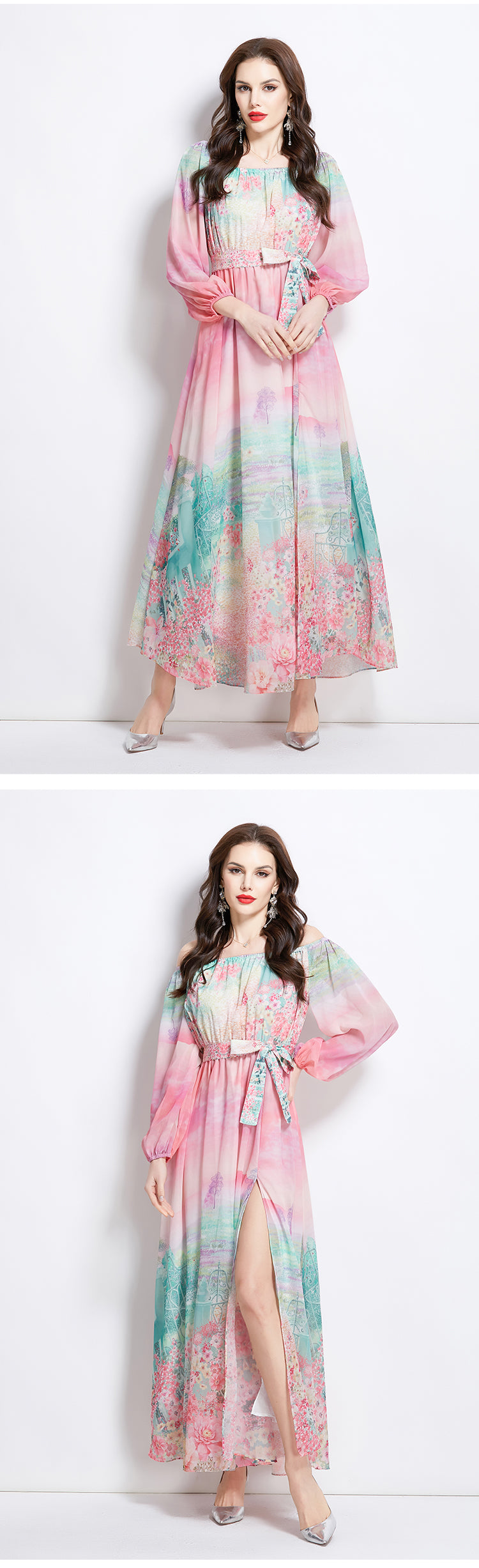 Original Design Spring/Summer Retro Flower One Shoulder Long Dress