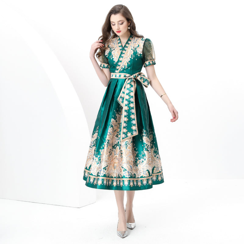 original design Spring/summer wrap tie style V-neck balloon sleeve long vintage print dress