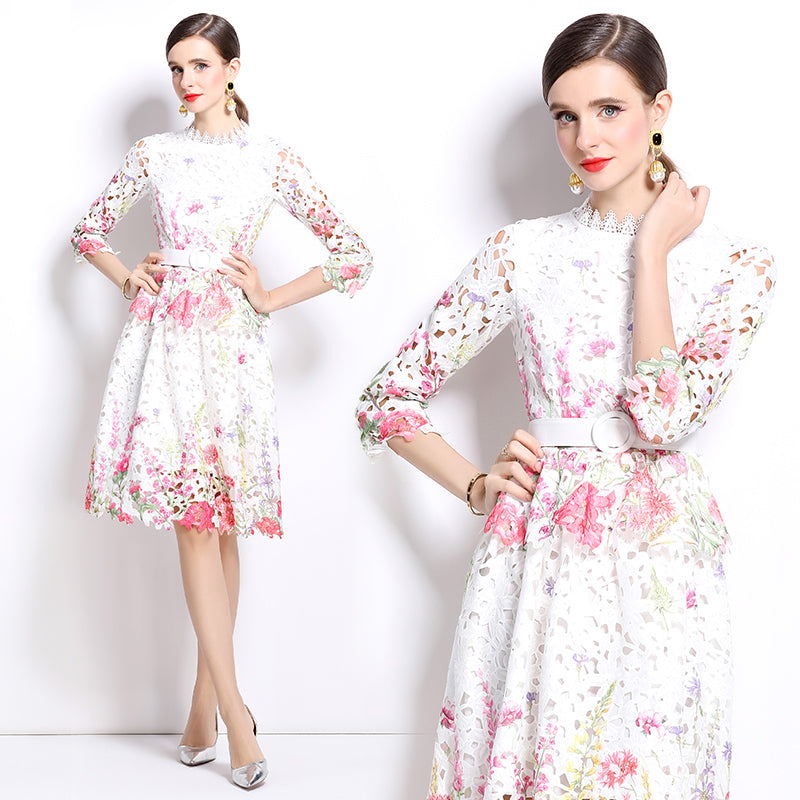 Original design mid long sleeved fashionable slimming hollow out water-soluble lace positioning mid length dress