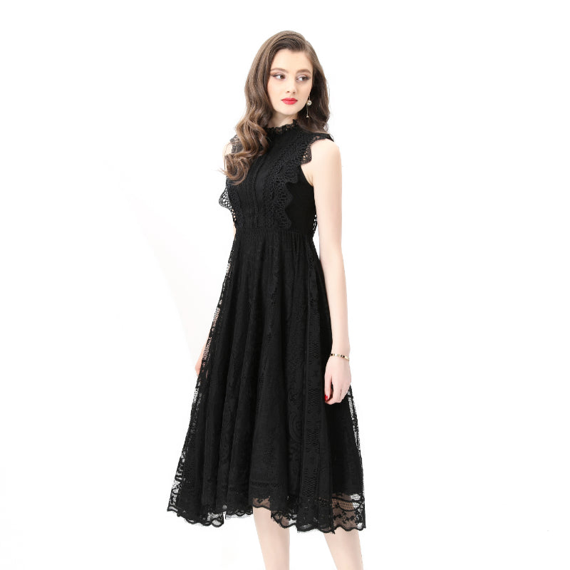Original design: Spring, Summer, Autumn, Vacation, round neck, smocked style, lace, sleeveless, lace, long vintage dress