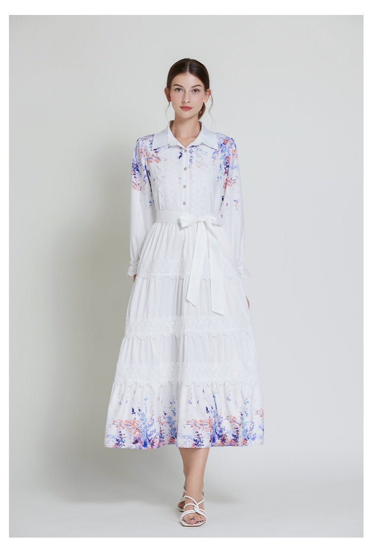 Original design fashionable bohemian lapel lace border lantern sleeves cinched waist long printed dress