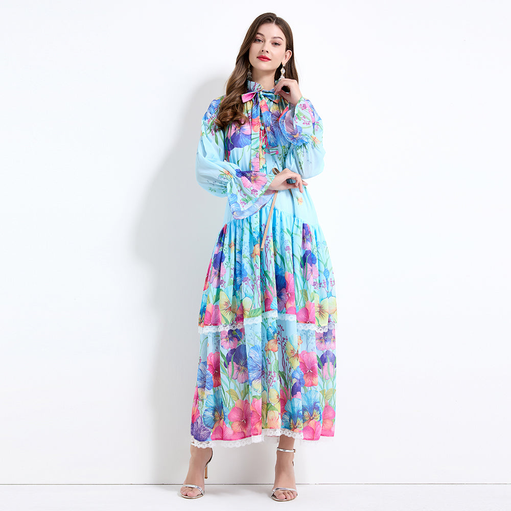 Original design - spring and summer fake lace cake skirt floral print waist ruffle skirt