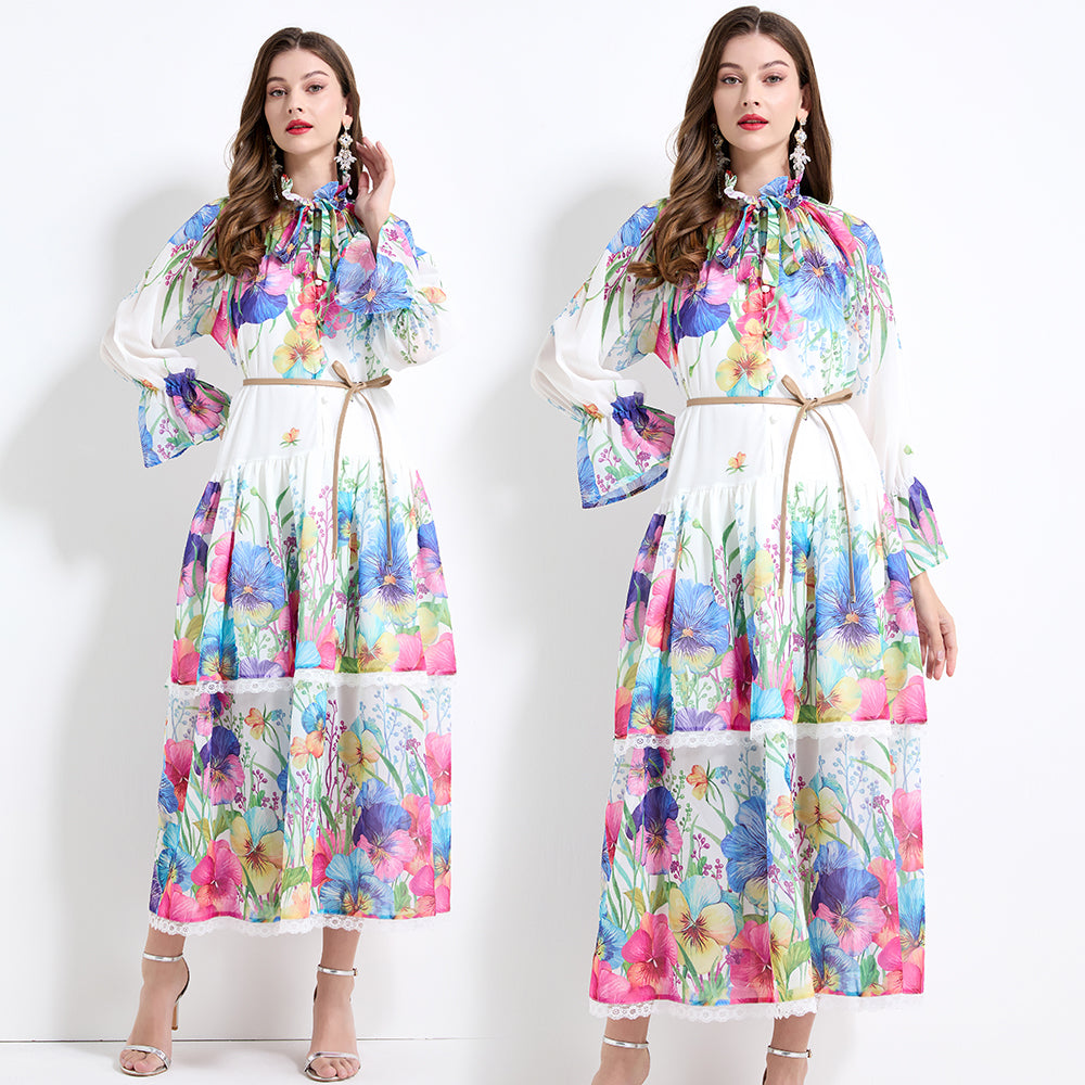 Original design - spring and summer fake lace cake skirt floral print waist ruffle skirt