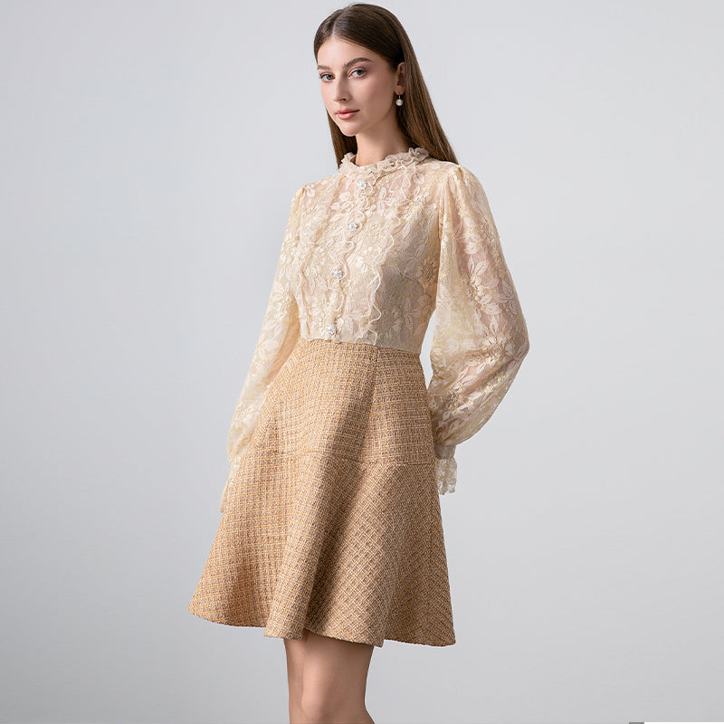 Original Design Heavy Industry Boutique Lace Splicing Coarse tweed Temperament Fake Two Small Fragrant Nail Bead Dresses