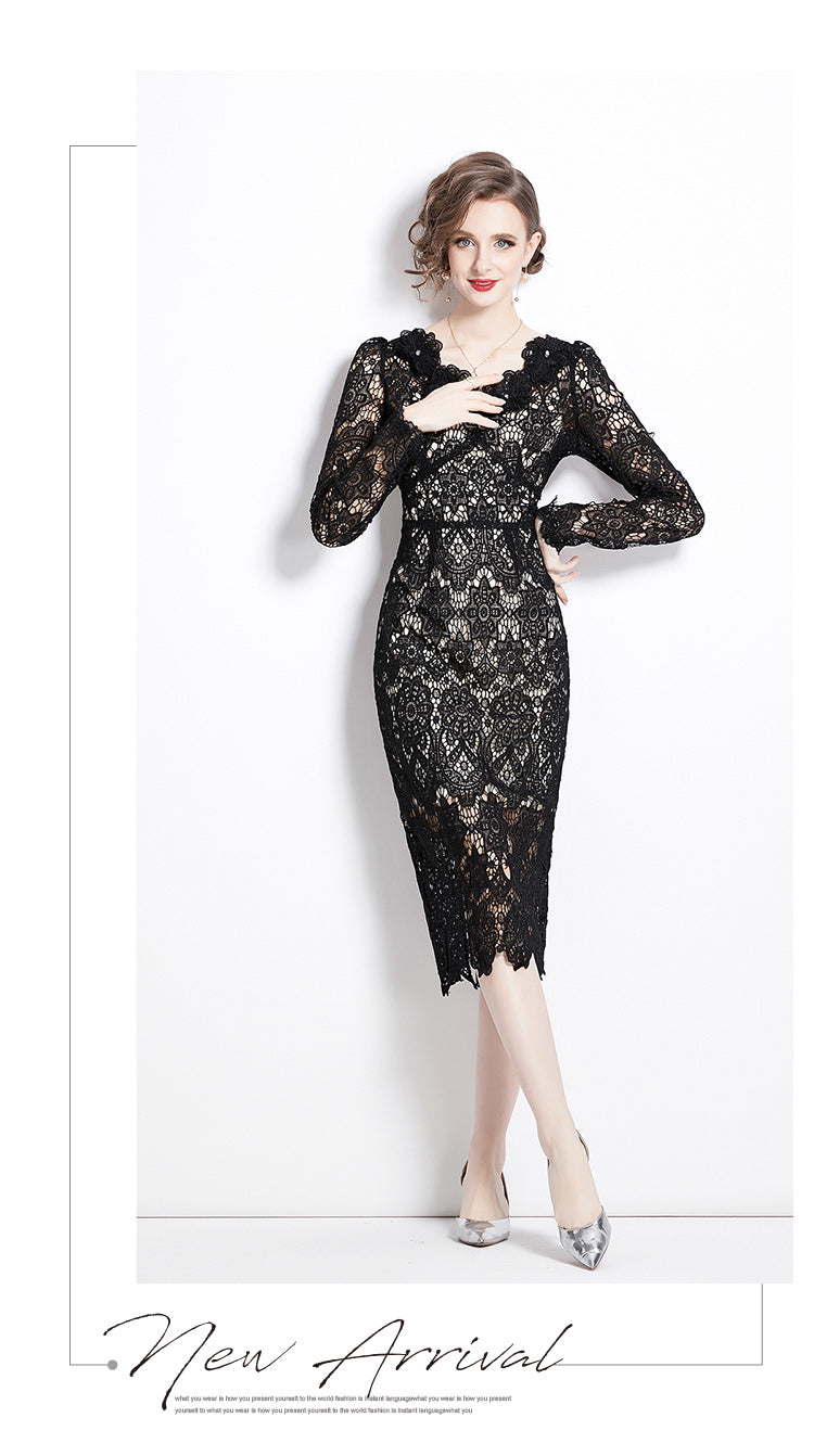 Original design for spring and summer water-soluble lace V-neck slim fit mid length dress for women