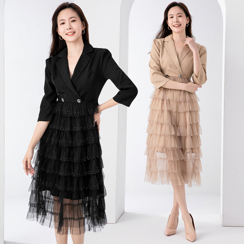 Original design exquisite mesh cake skirt patchwork suit dress temperament fake 2pieces