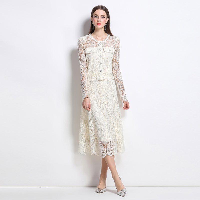 Real shot spot8583# New Style Chanel-Inspired Set Light Luxury High-End Water-Soluble Lace Skirt Two-Piece Set