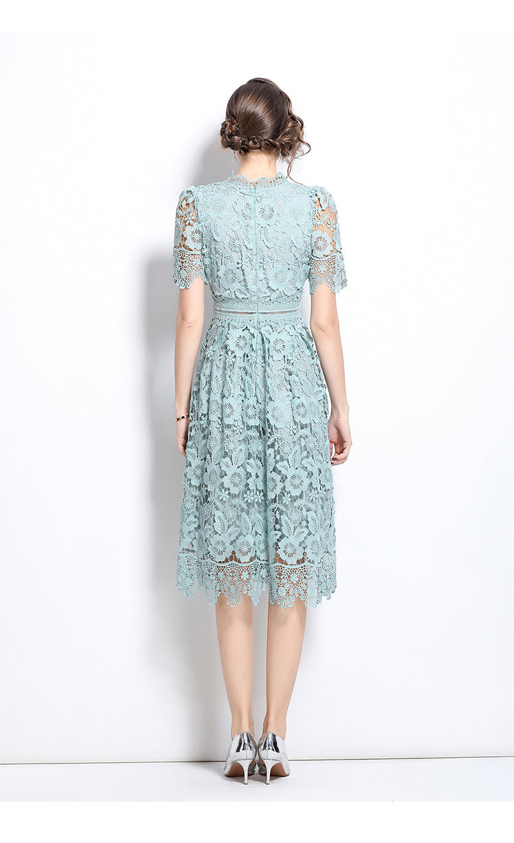 Original design short sleeved slimming hollow out water-soluble lace positioning mid length dress
