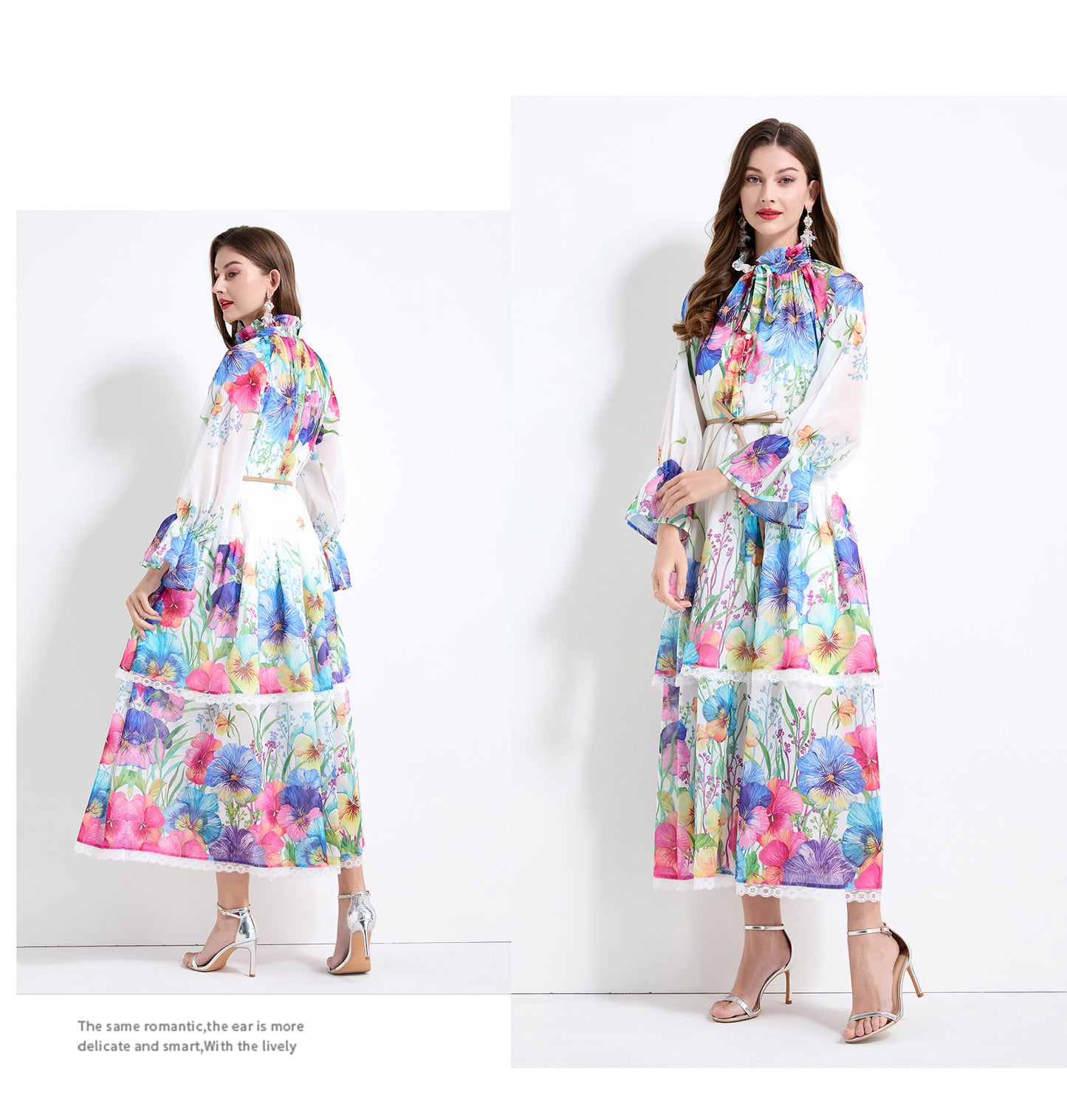 Original design - spring and summer fake lace cake skirt floral print waist ruffle skirt