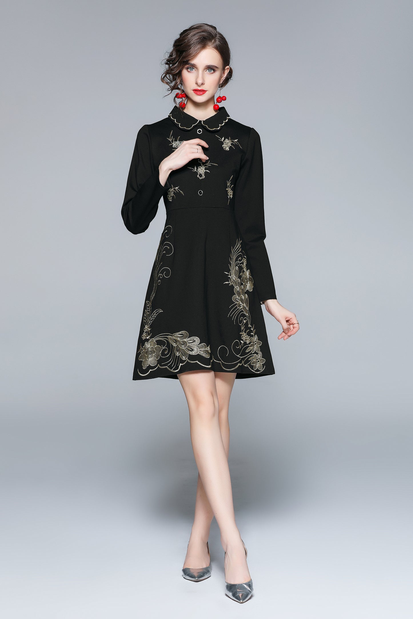 Original design exquisite temperament lapel single breasted heavy embroidery waist slimming autumn and winter dress