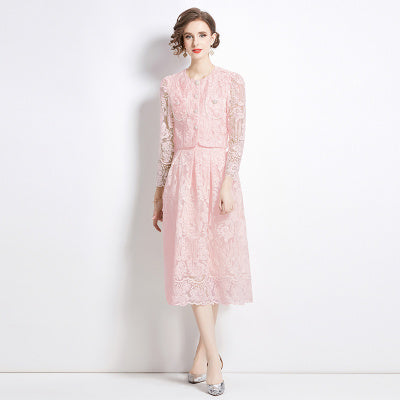 Original design for spring and summer long sleeved small fragrance style set light luxury temperament water-soluble lace skirt two-piece set