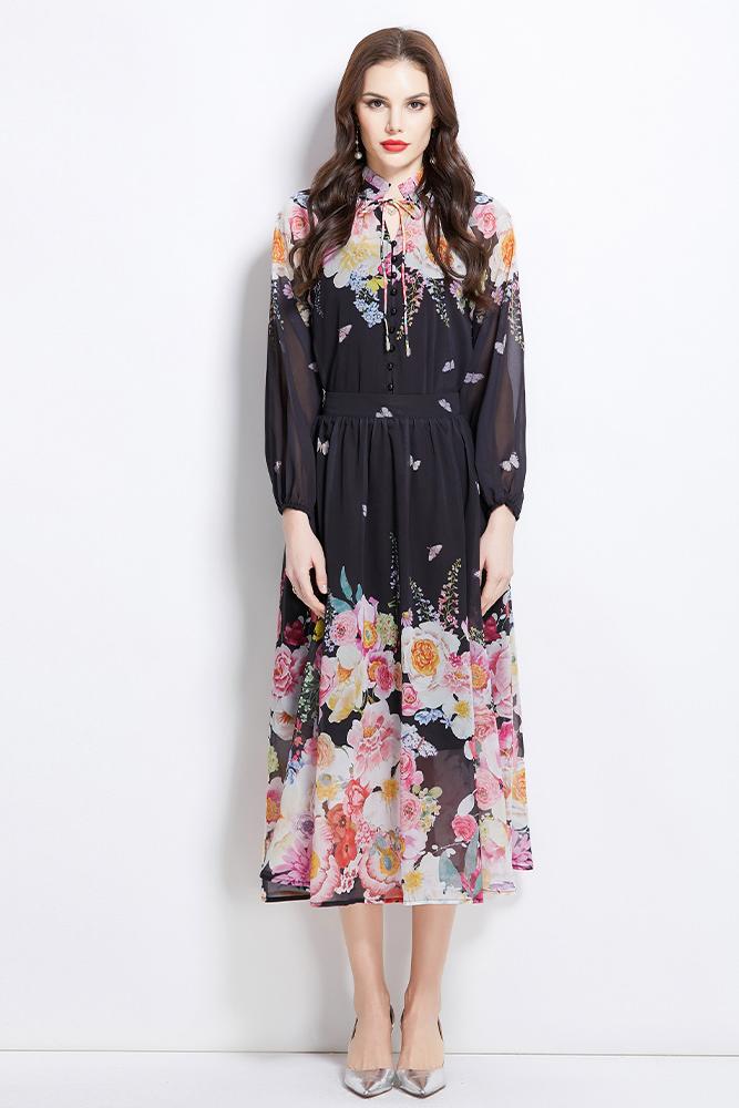 Original Design Spring Summer Autumn Vacation Lantern Sleeve Chiffon Shirt High Waist Half Skirt Two Piece Set