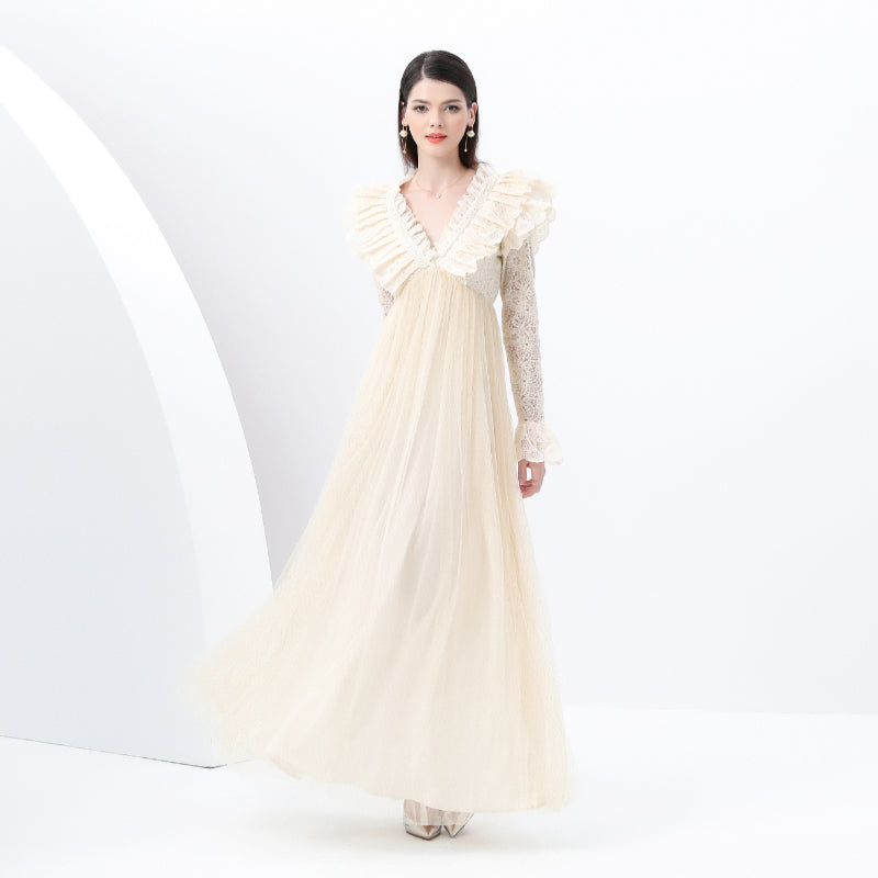 Original design: Spring, Summer, Autumn, resort style, embroidered lace, V-neck, long sleeves, lace and mesh maxi dress