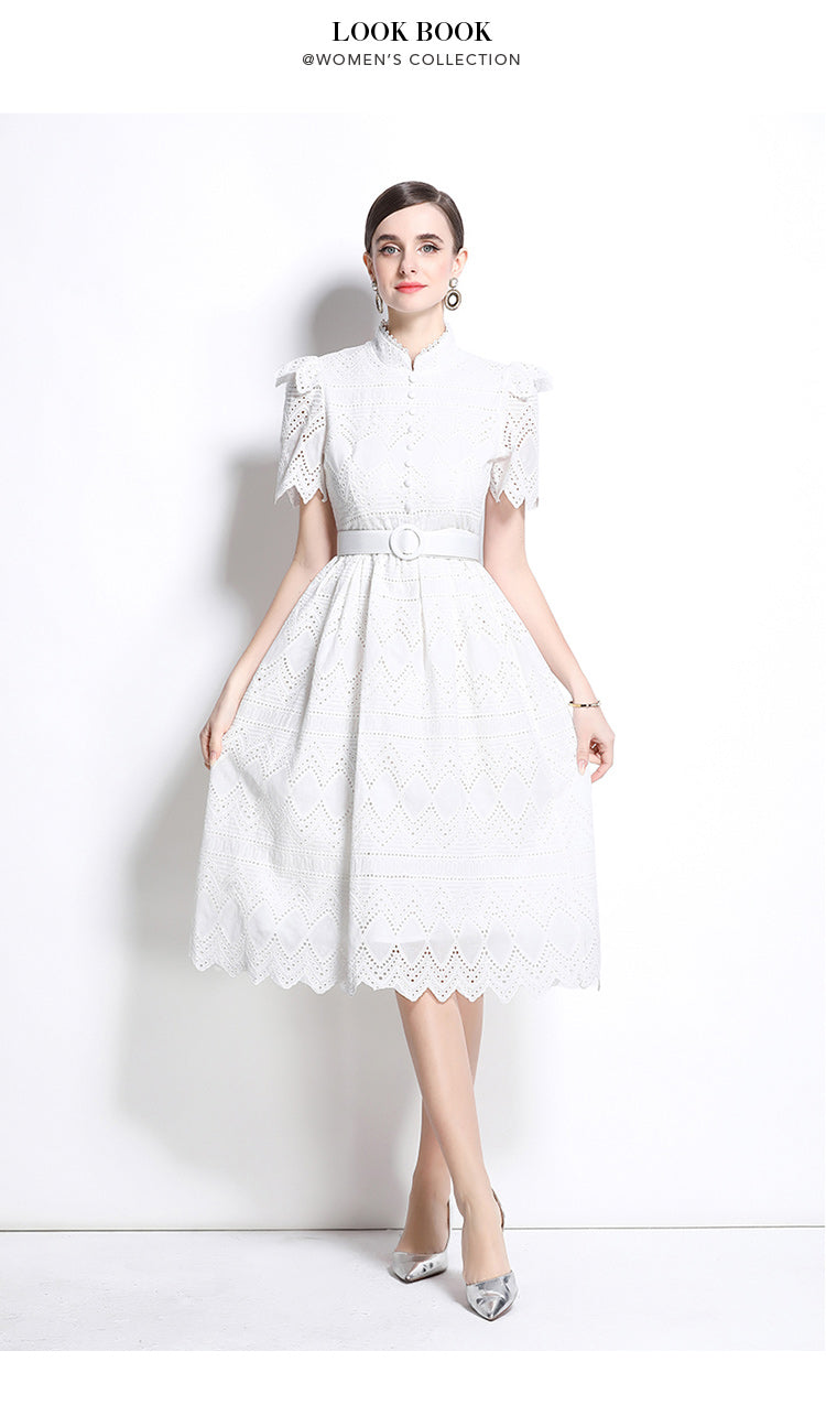 Original design elegant patchwork waist cinching short sleeved dress