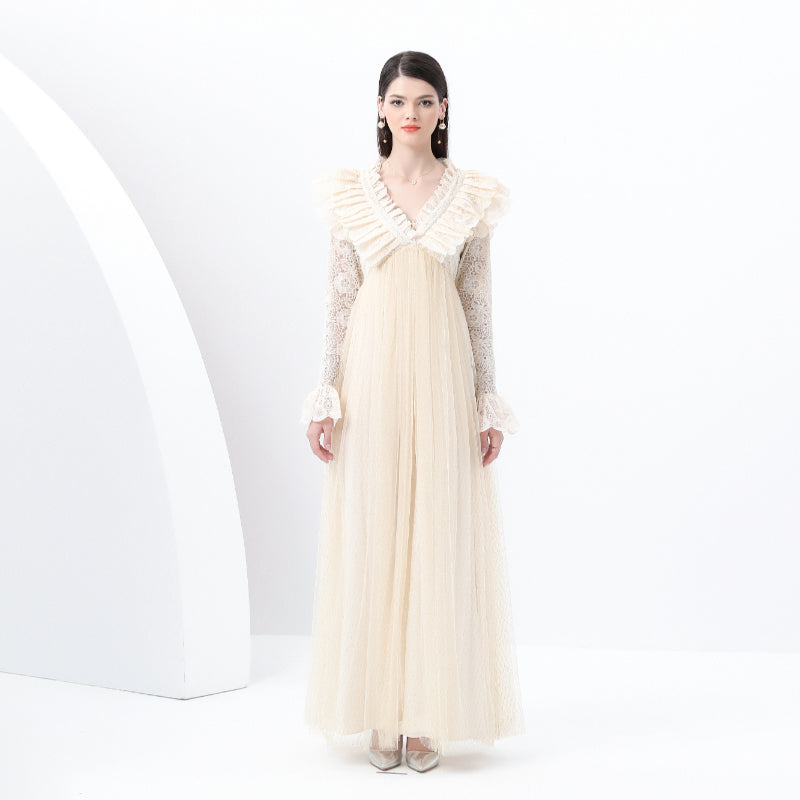 Original design: Spring, Summer, Autumn, resort style, embroidered lace, V-neck, long sleeves, lace and mesh maxi dress