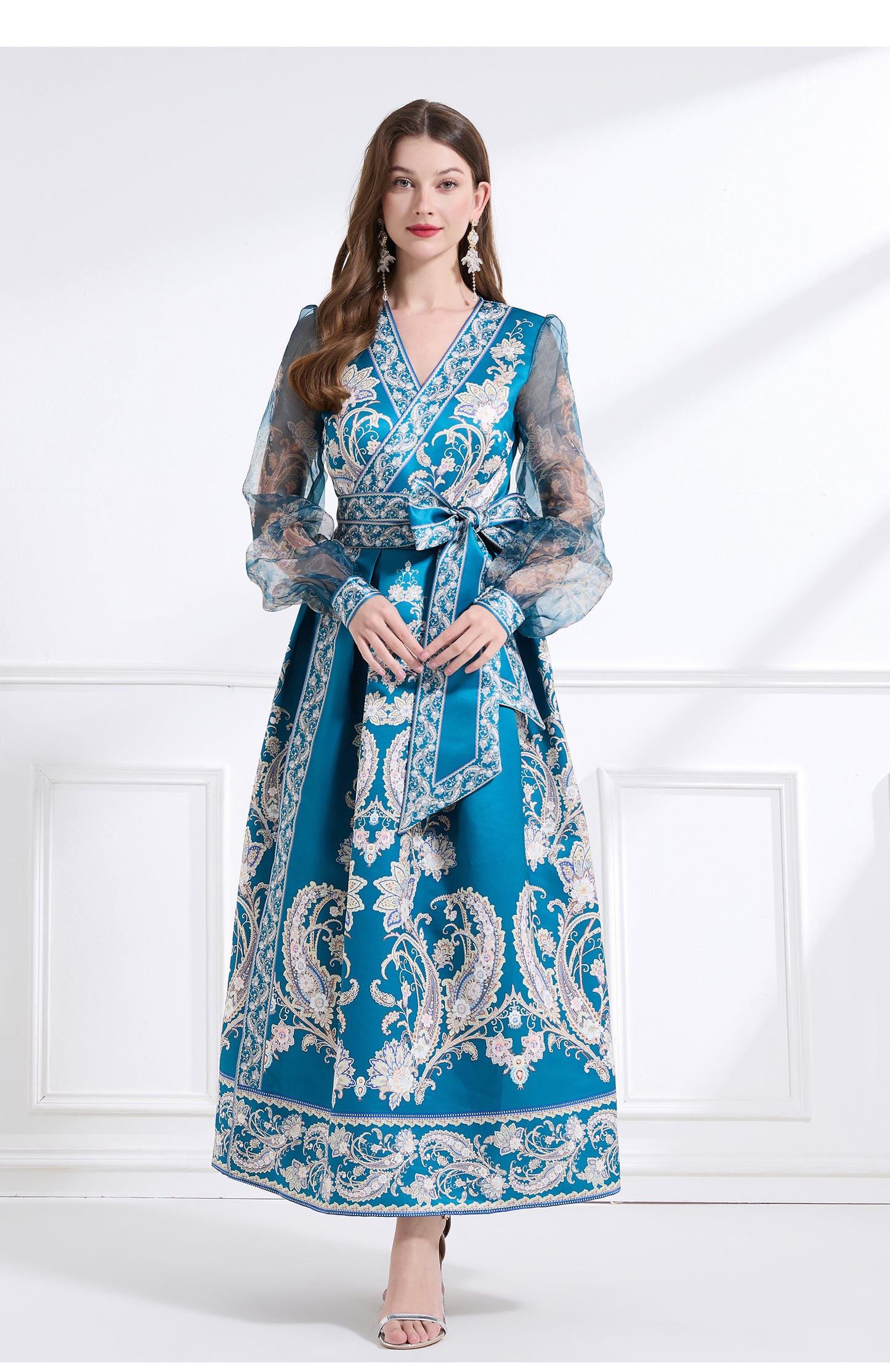 Original design - spring and summer resort style lace patchwork print waist maxi skirt ruffle dress