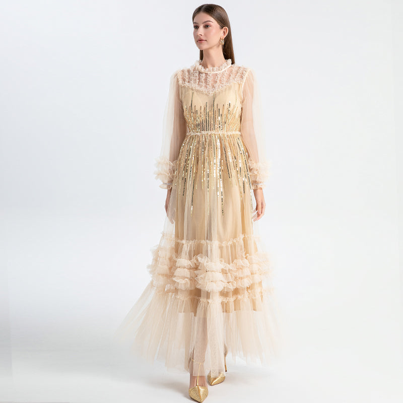 Meizhonggong embroidered sequins mesh stitching fungus edge temperament dress dress