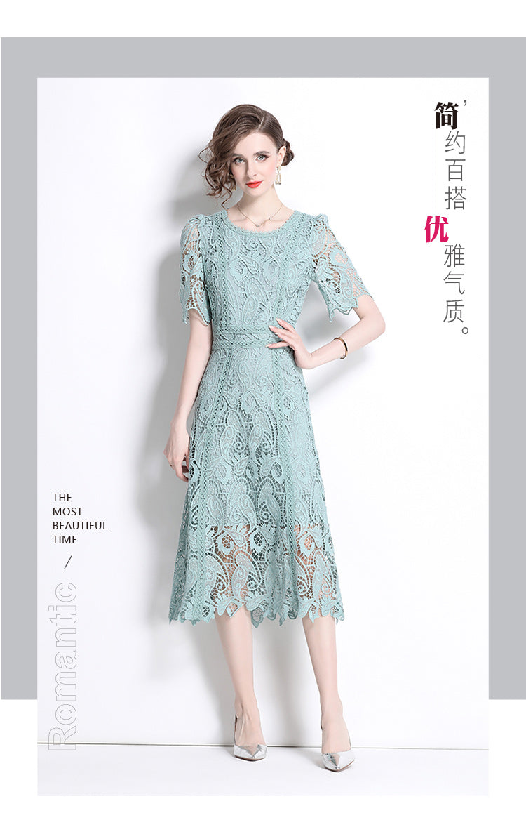 Original design temperament short sleeved skirt slim fit waist cinching heavy industry water-soluble lace dress for women