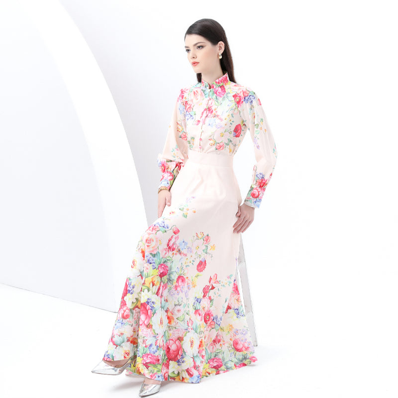 Original Design Spring/Summer Retro Style Stand up Collar High Waist Wave Edge Printed Dress Set, Two Piece