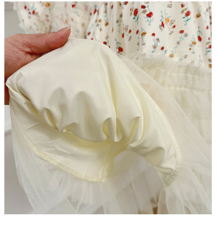 Original Design Heavy Industry Boutique Printed Splicing Mesh Wooden Ear French Palace Style Dress