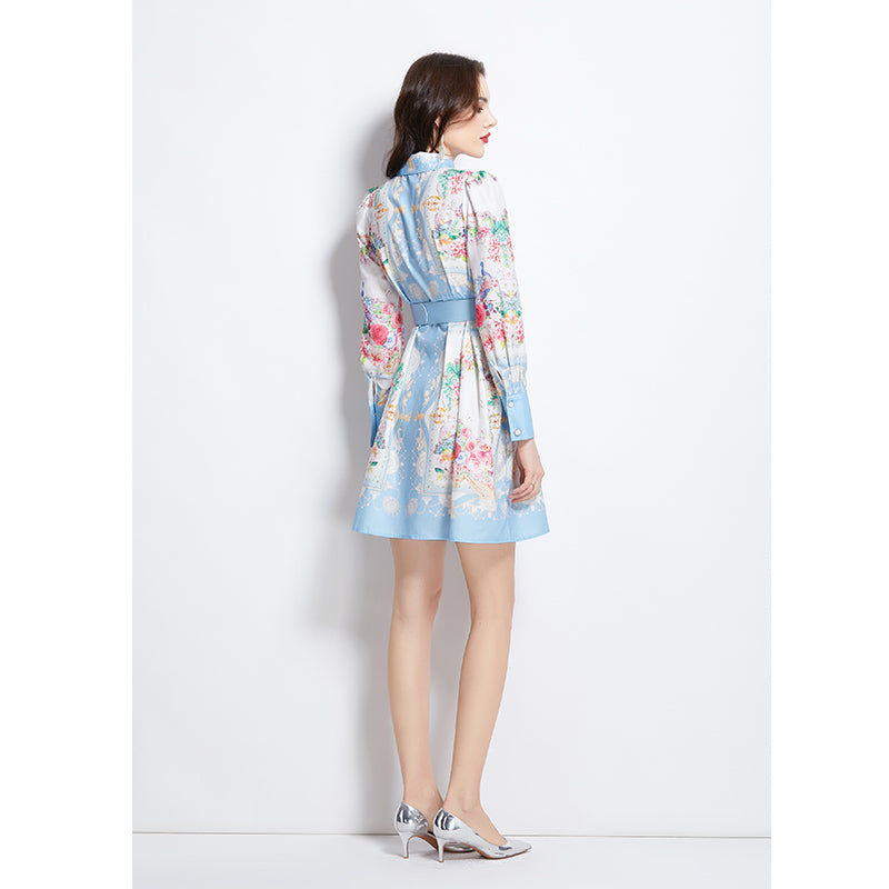 Original Design Spring/Summer/Autumn Vacation Retro Oil Painting Printed Collar Short Dress