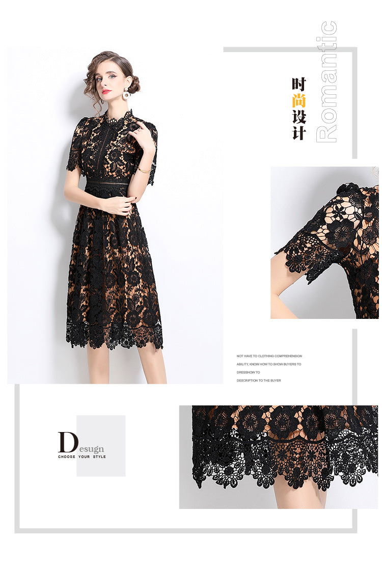 Original design short sleeved slimming hollow out water-soluble lace positioning mid length dress