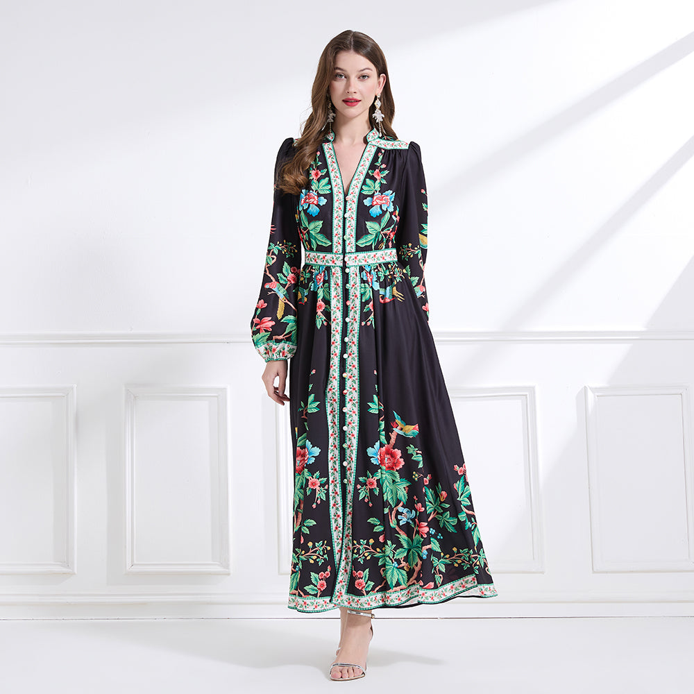Original design Spring/summer resort-style V-neck, linen, floral, printed, balloon-sleeved, waist-cinching, ruffled maxi skirt