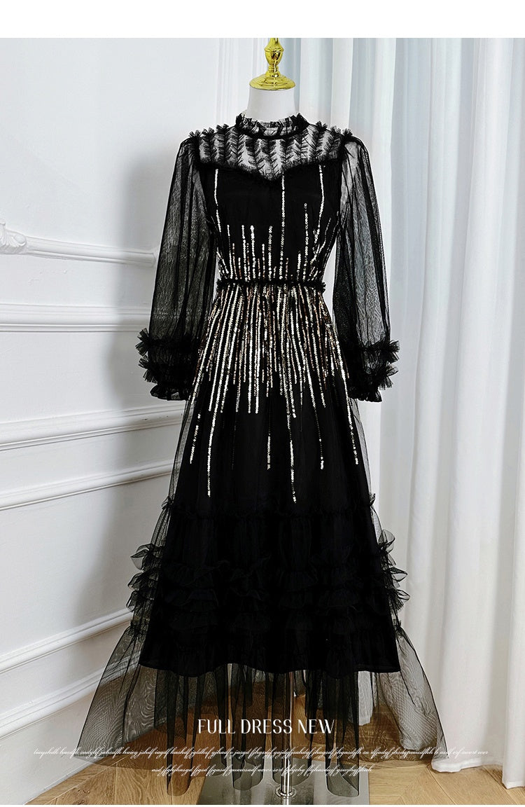 Original Design Heavy Industry Embroidered Glitter Mesh Splicing Black Fungus Edge Temperament Dress