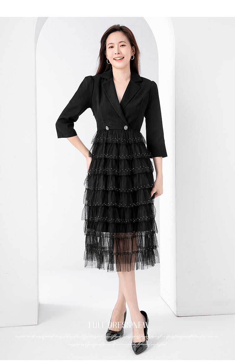 Original design exquisite mesh cake skirt patchwork suit dress temperament fake 2pieces