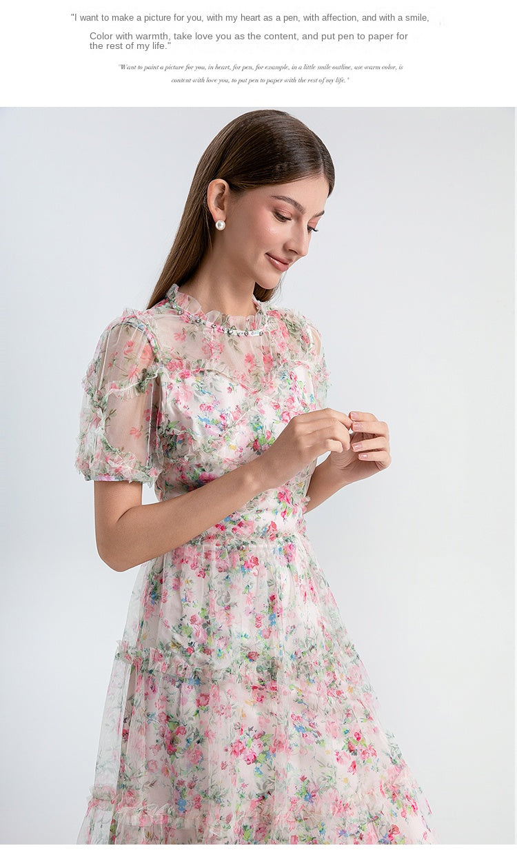Original design heavy industry nail drill small floral French boutique mesh summer sweet dress