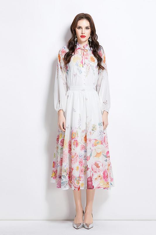 Original Design Spring Summer Autumn Vacation Lantern Sleeve Chiffon Shirt High Waist Half Skirt 2 Piece Set