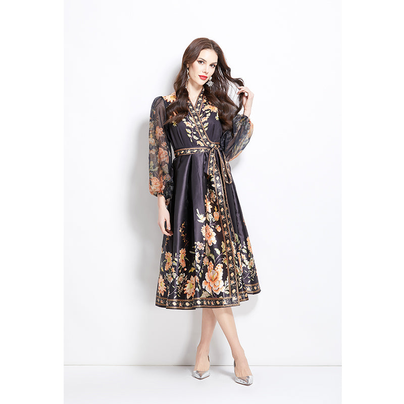 Original design for spring and summer V-neck ethnic style printed satin wrapped long length dress