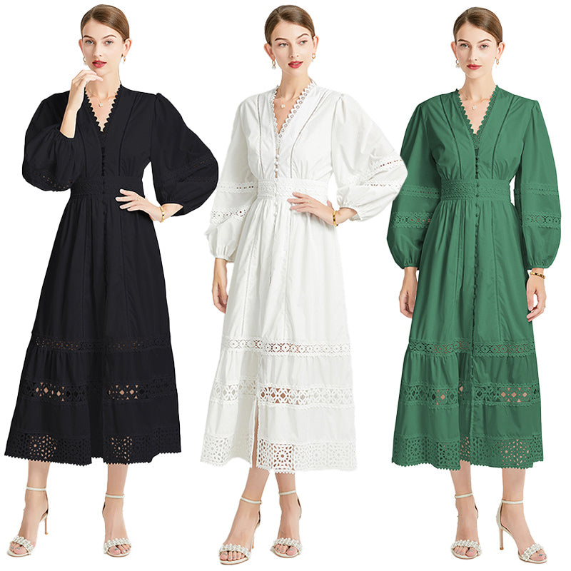 Original design fashionable temperament V-neck patchwork lace hollow out design sense long sleeved waist cinching dress