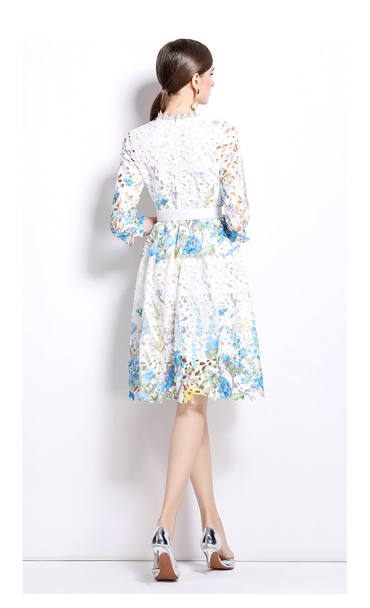 Original design mid long sleeved fashionable slimming hollow out water-soluble lace positioning mid length dress