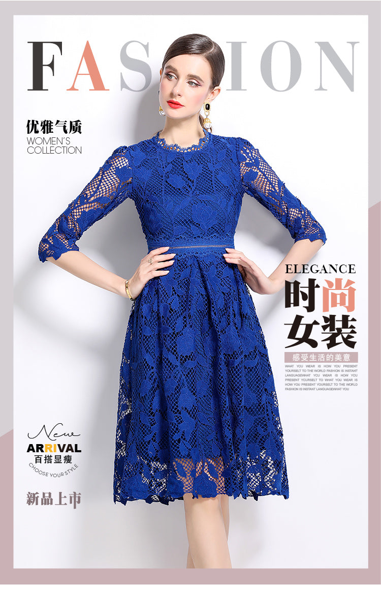 Original design mid long sleeved fashionable slimming hollow out water-soluble lace positioning mid length dress