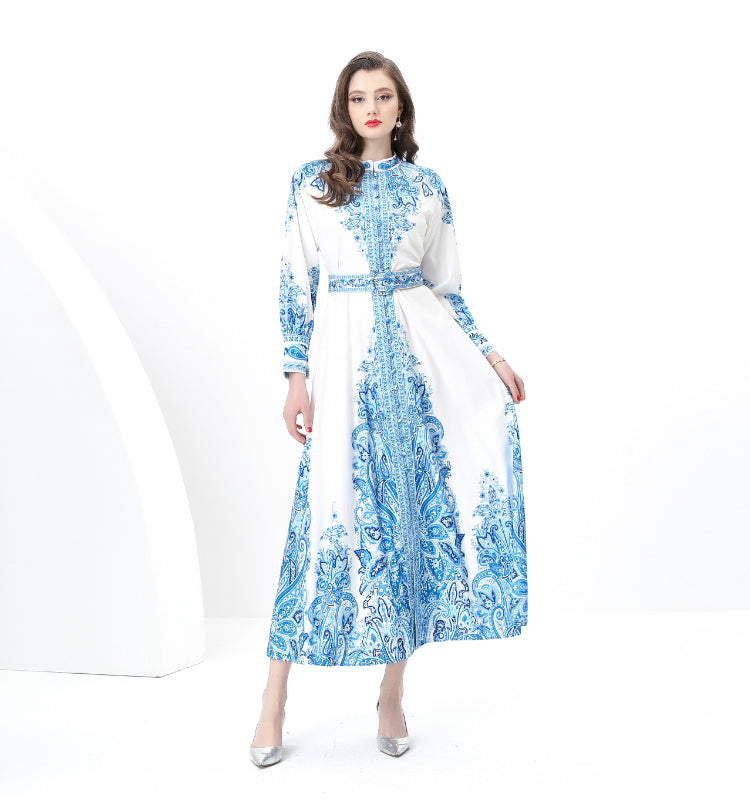 Original design: Spring, Summer, Autumn, resort style, vintage stand-up collar, single-breasted, lace panel, printed wide hem maxi dress